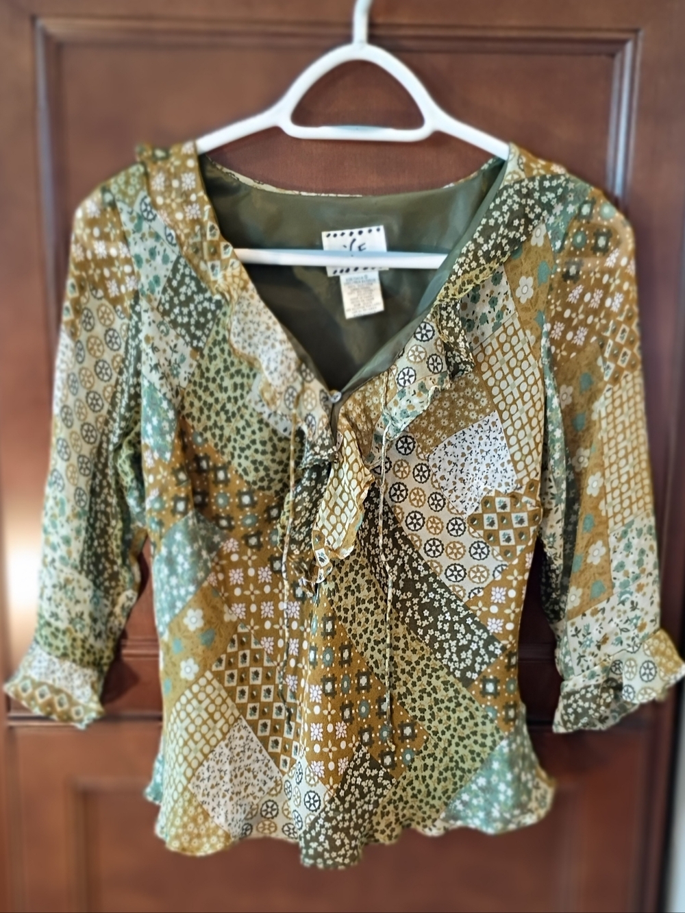 Ice Patchwork Olive & Cream Tie-Front Blouse